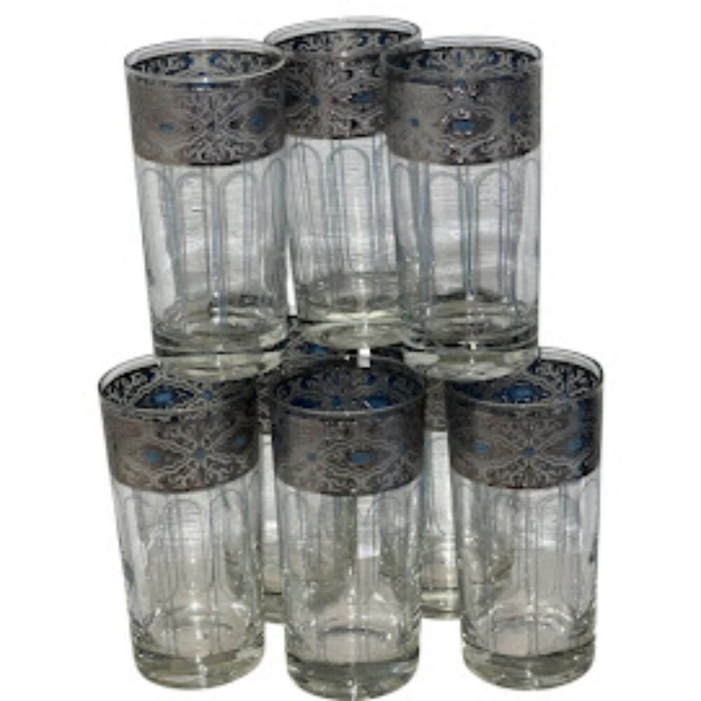 Vintage MCM Culver Sorrento Silver Band Teal Lattice Hiball Glasses Set of 8